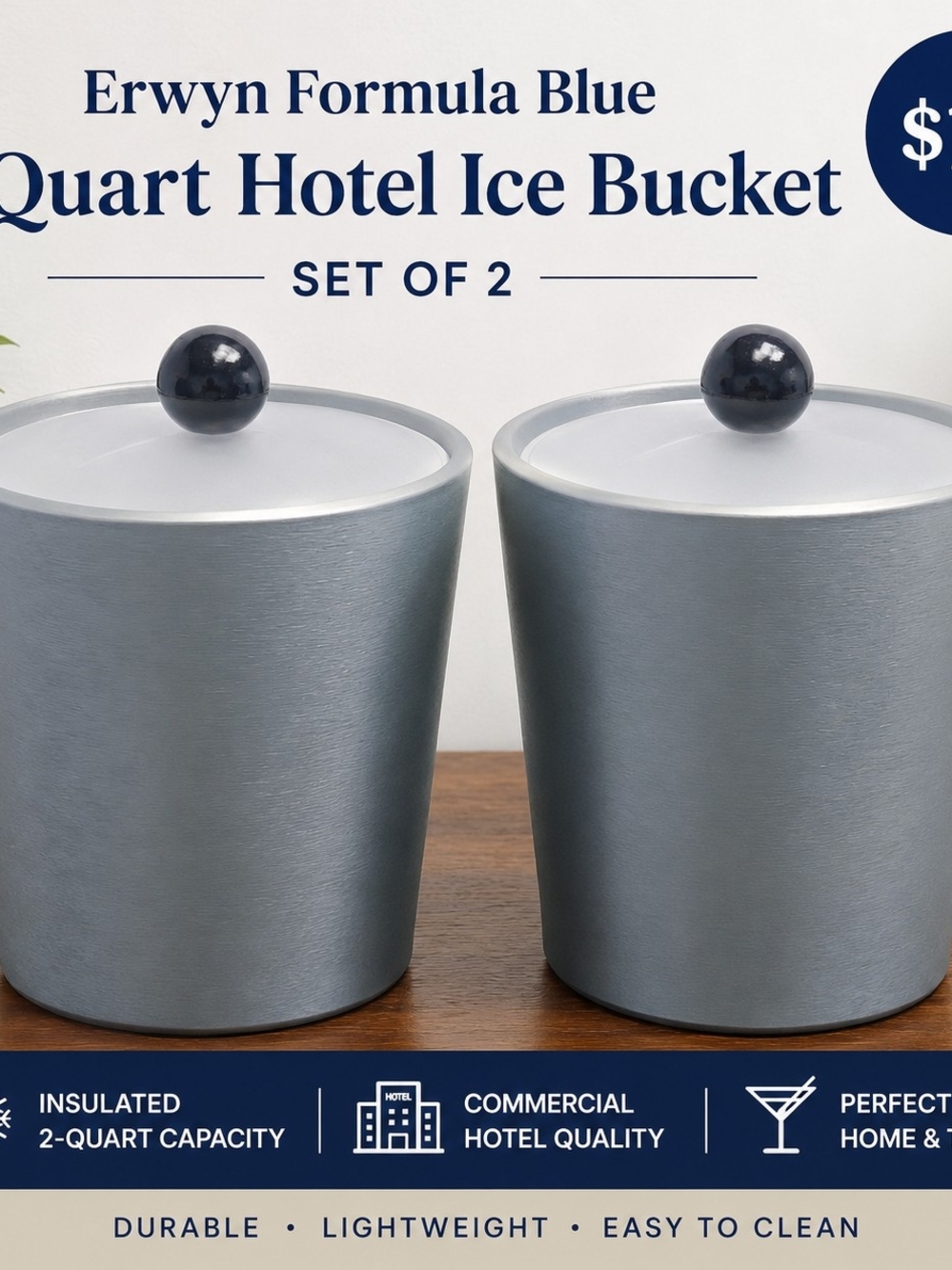 Erwyn Formula Blue 2-Quart Hotel Ice Bucket Set - Steel Blue (Set of 2)